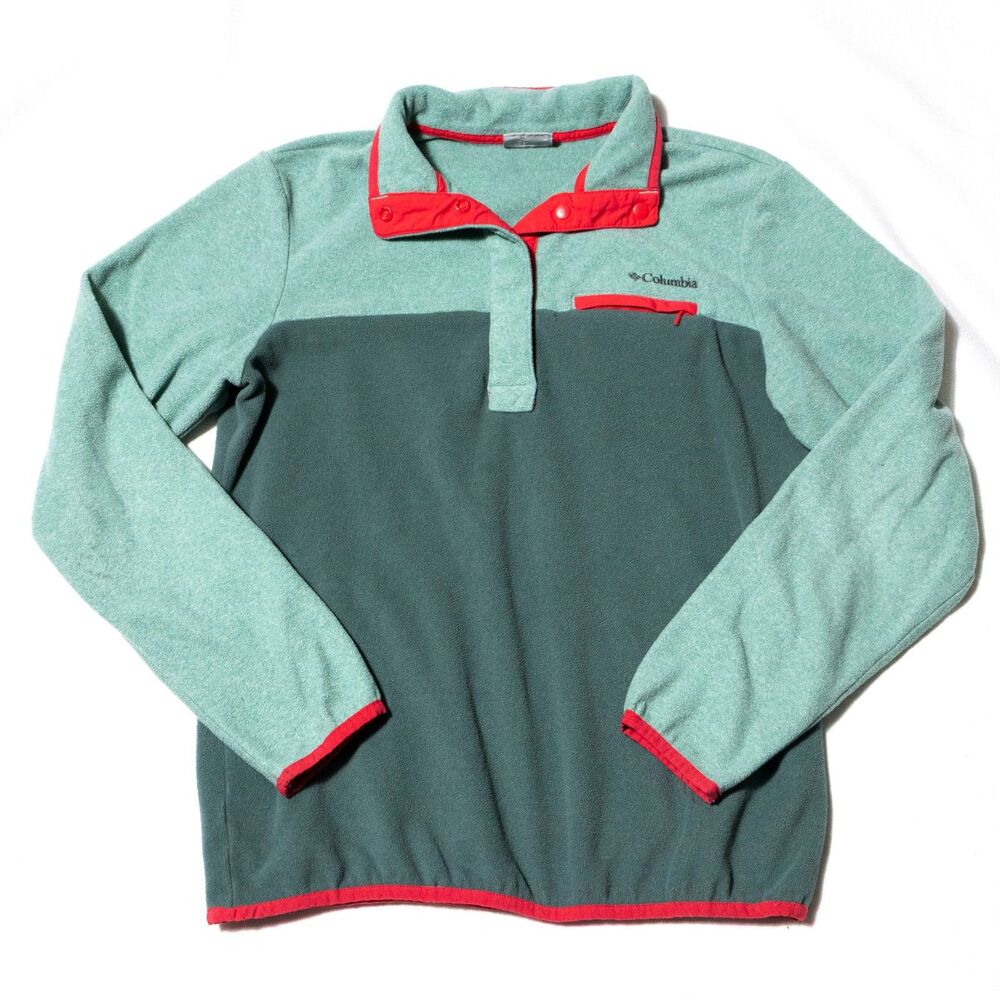 Columbia Fleece Pullover Womens M Green Colorblock Snap Neck Jacket Outdoor